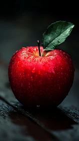 Glistening red apple resting quietly on a dark tabletop.
