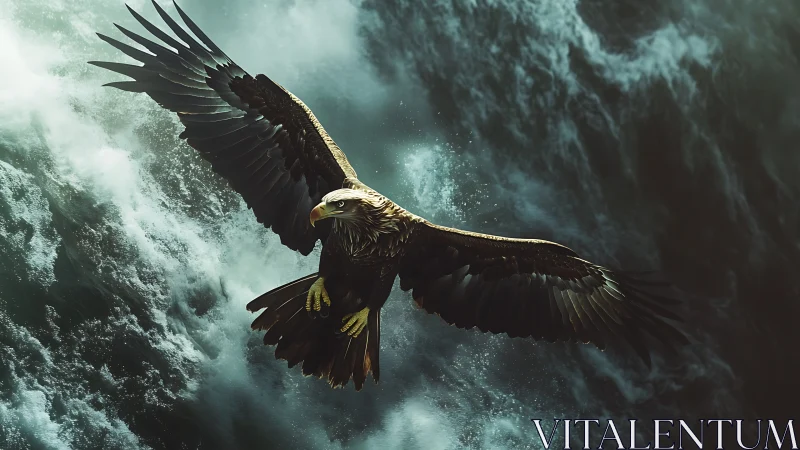 Majestic Bald Eagle Soaring Over Turbulent Ocean Waves, Dramatic Art.