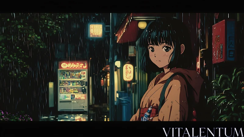 Rain-dusted alley pauses as a quiet girl guards her soda