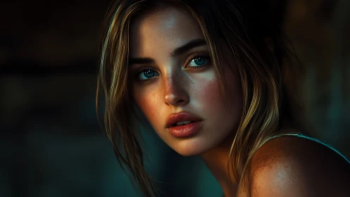 Moody close-up portrait of young woman in soft light.