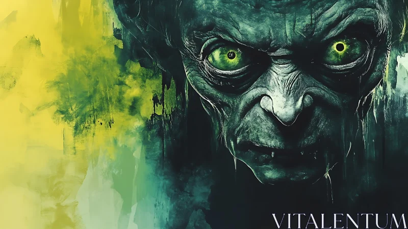 Grotesque green-eyed creature emerges from abstract shadows.