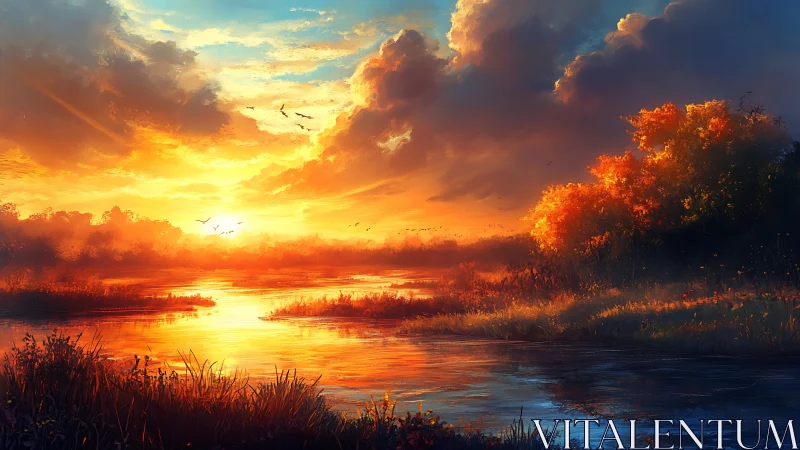 Radiant river sunset over autumn reeds and glowing clouds.