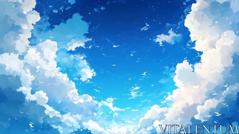 Cloud kingdoms quietly frame a blazing midday sky portal