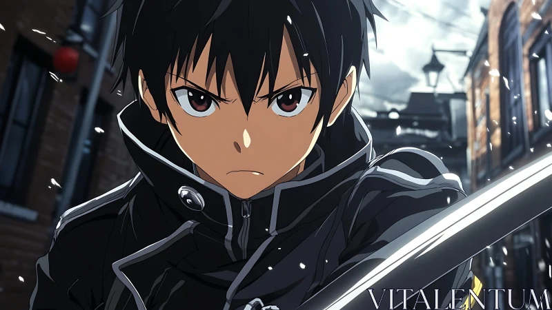 Determined anime swordsman advances through a snowy alleyway.