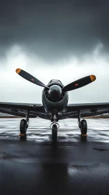 Storm-lit vintage propeller aircraft on wet runway frontview.