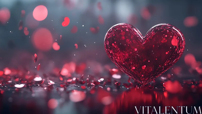 Glowing crimson heart outline suspended among bokeh particles.