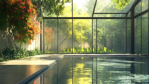Modern glass pool room facing lush sunlit garden view.
