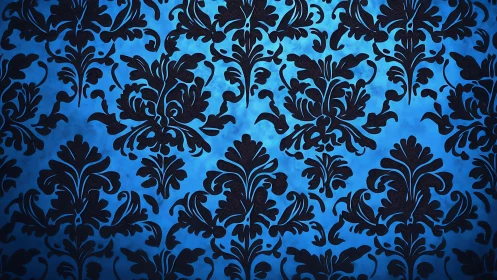 Baroque damask pattern over luminous blue background.