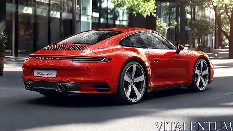 Photorealistic rear three-quarter render of red sports coupe.