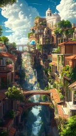 Skybridges span a lush canyon city bathed in sunlight.