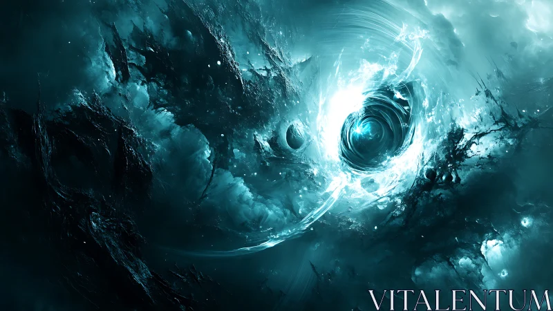 Turbulent astral vortex with luminescent singularity core.