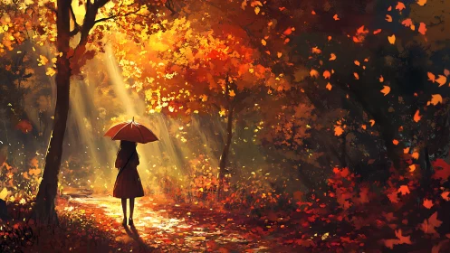 Silhouetted figure under umbrella in dense autumn forest path.