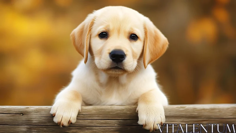 Golden retriever puppy resting paws on wooden fence.