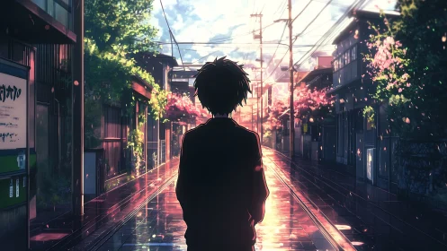 Backlit youth on rain-soaked alley under glowing spring sky