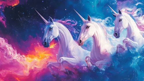 Three white unicorns in vibrant cosmic nebula clouds.