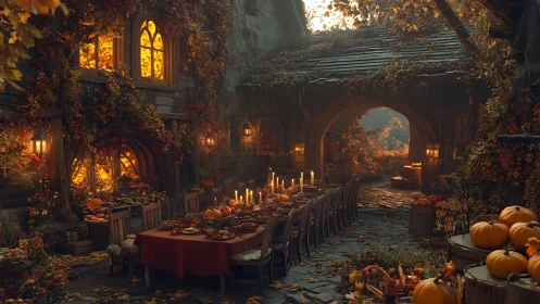 Candlelit autumn banquet in rustic courtyard, digital painting.