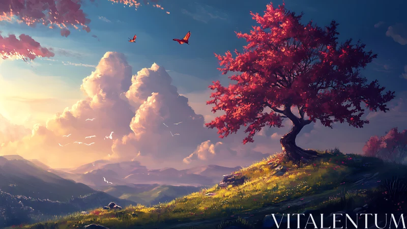 Solitary red tree crowns sunlit hill under vast glowing sky