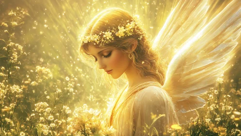 Sunlit meadow angel wrapped in golden quiet radiance.