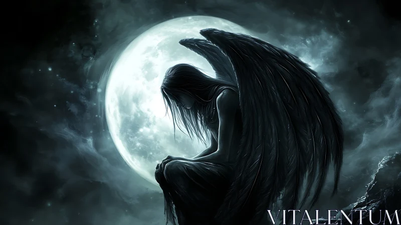 Fallen dark angel silhouetted against luminous full moon