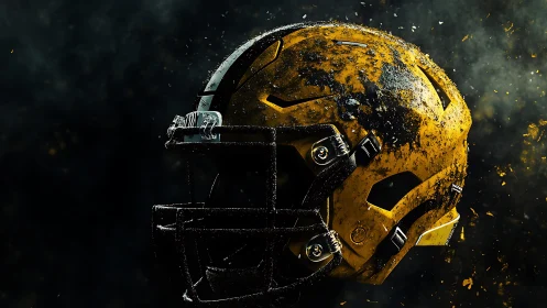 Battle-scorched yellow helmet hangs in smoky starlit dust