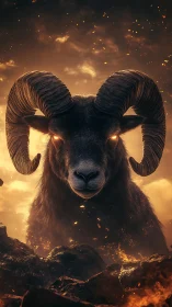 Ram with glowing eyes emerging from fiery rocky ground.