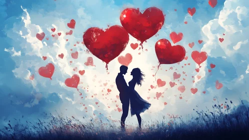 Silhouetted Couple Dancing Among Floating Red Heart Balloons.