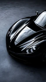 Black sports car front detail under soft studio lighting.
