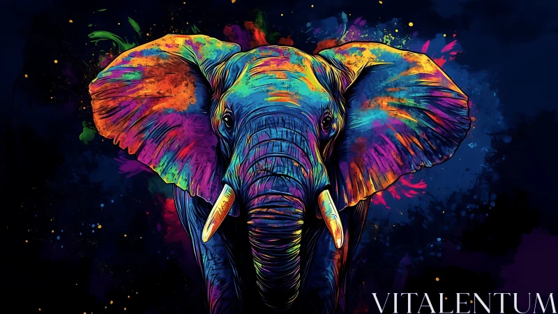 Color saturated elephant portrait on dark abstract field.