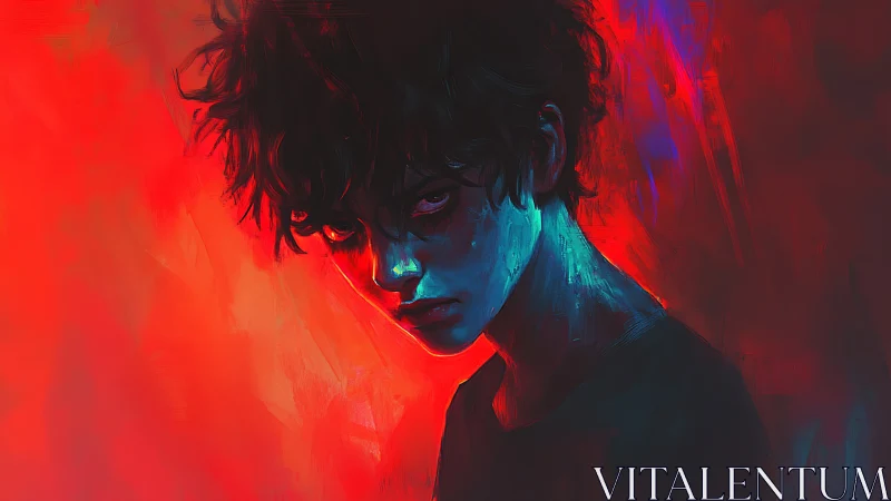 Brooding youth glows against violent red digital backdrop