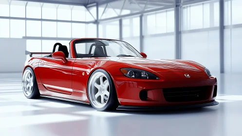 Red roadster render under soft studio skylight.