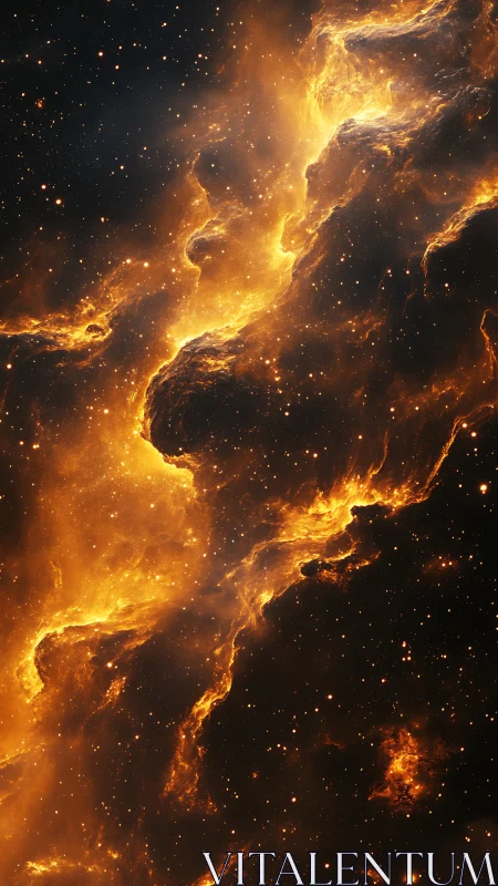 Glowing orange nebula forms vertical band in deep space