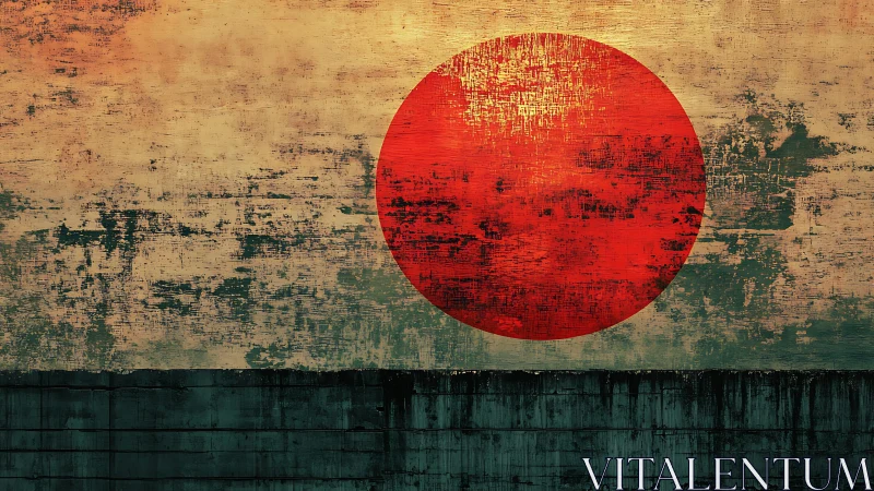 Grunge Japan Flag Artwork with Bold Red Sun on Weathered Background.