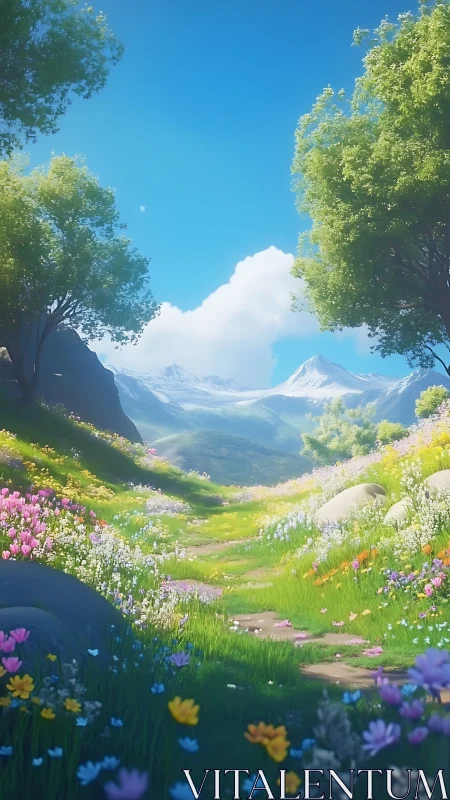 Mountain path winds through sunlit wildflower meadow valley