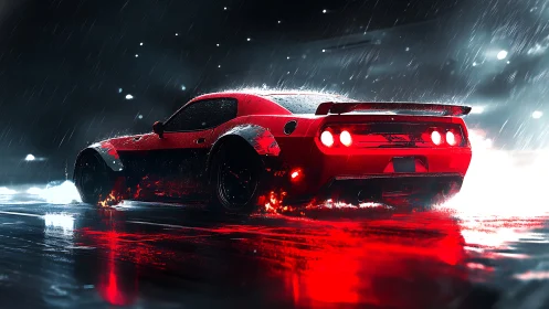 Red sports car drifting on wet asphalt in heavy rain.