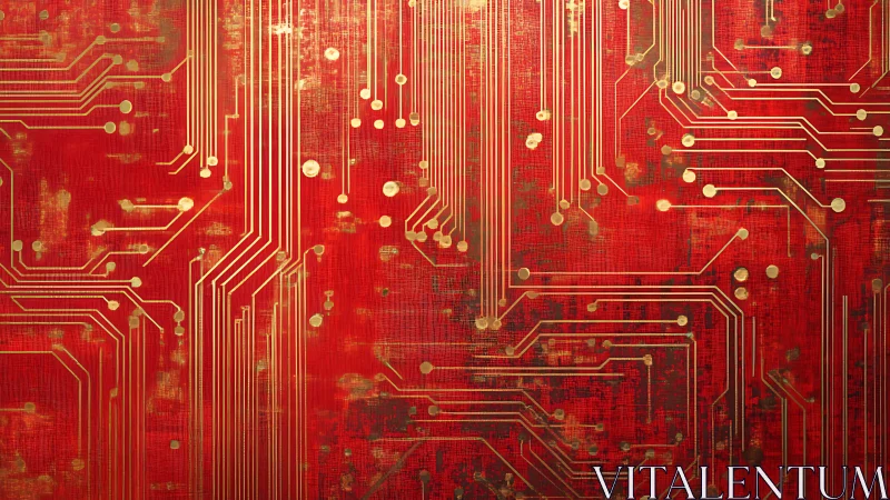 Golden circuit lines glow over a distressed red tech backdrop
