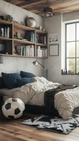 Morning light drifts across a scholar’s cozy soccer den