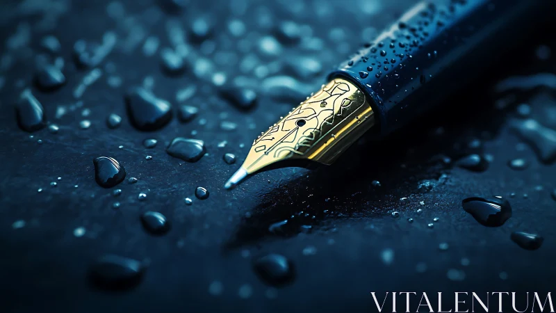 Closeup of wet gold fountain pen nib on dark surface.