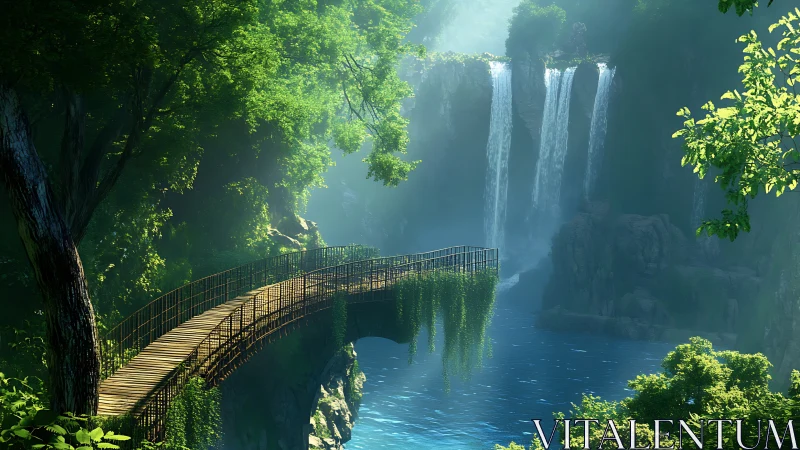 Curved wooden bridge spans river before multi-tiered waterfalls