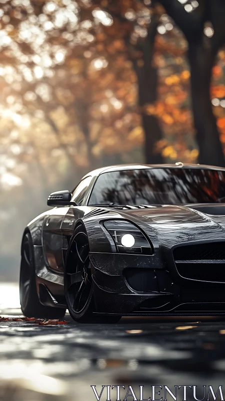 Midnight black supercar resting beneath glowing autumn trees.