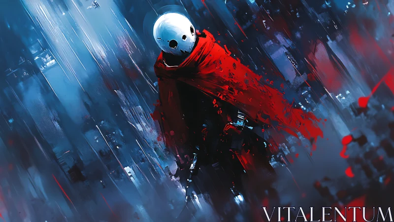 Masked figure in red scarf strides through abstract cityscape