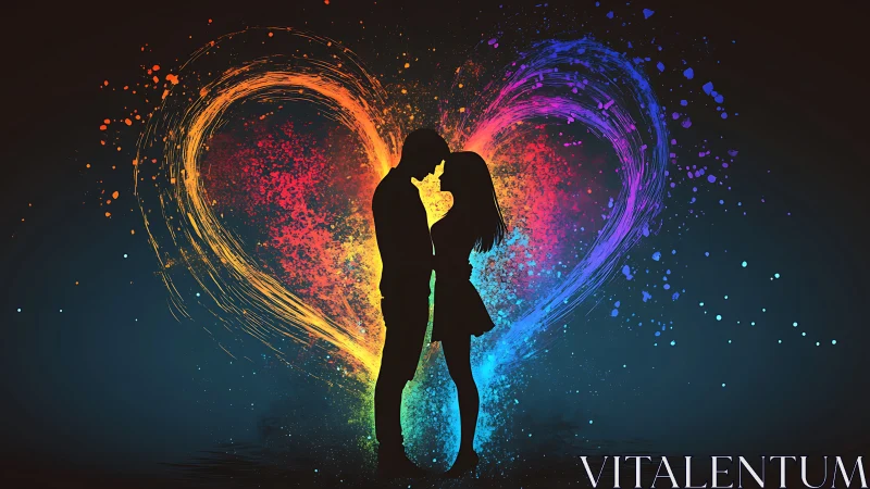 Silhouetted figures with heart-shaped particle effects.