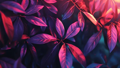 Neon-lit foliage with magenta cyan bicolor cinematic glow.