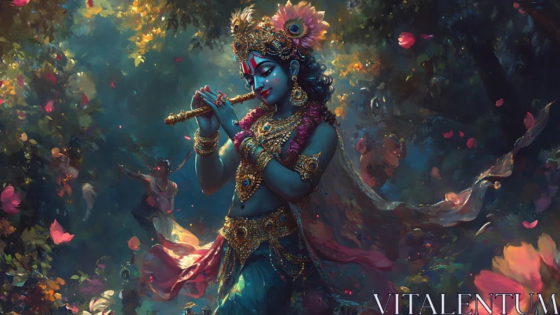 Divine flute player in jeweled forest of swirling petals.