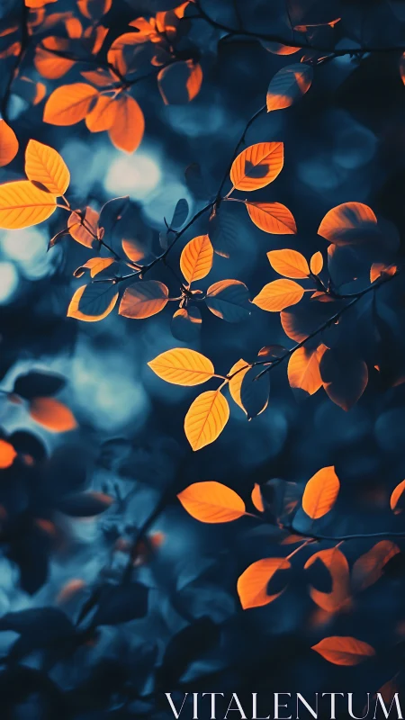 Glowing orange leaves against deep teal forest bokeh.