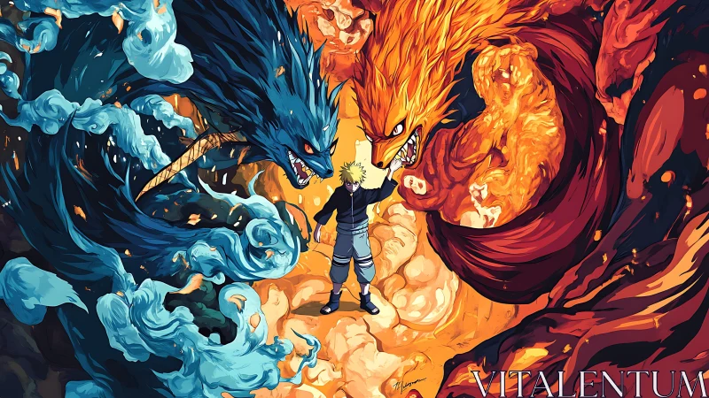 Boy confronting twin elemental beasts in fiery canyon.