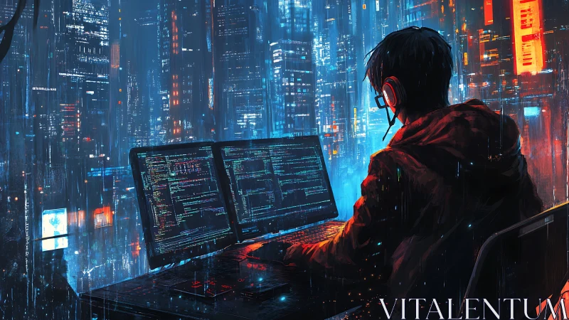 Coder at dual monitors in dense neon cyberpunk cityscape.