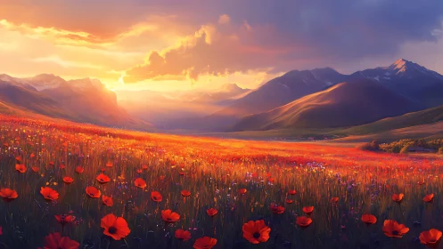 Sunset paints wildfire poppies across the mountain valley