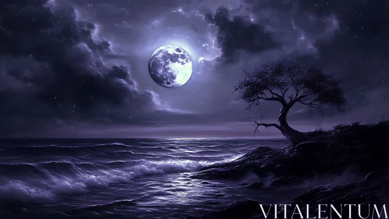Moon-drenched shoreline where a solitary tree keeps watch.