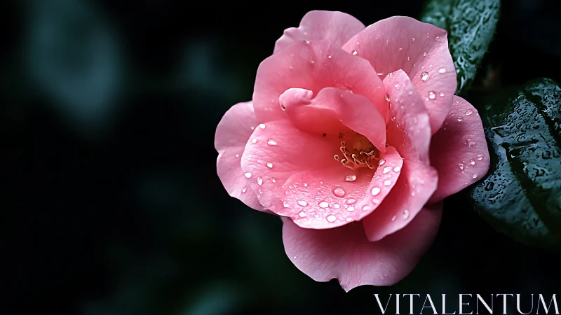 Pink Camellia Blooming with Morning Dewdrops.