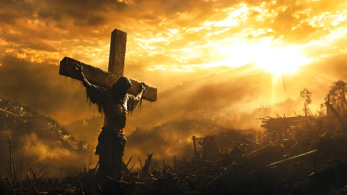 Crucified figure stands on cross in burning golden landscape